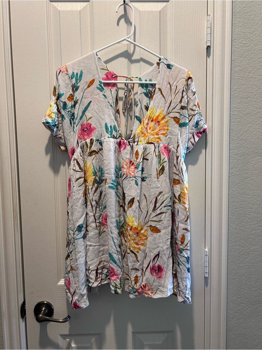 By Together White Floral V-Neck Mini Dress with Pink, Yellow & Teal Blooms